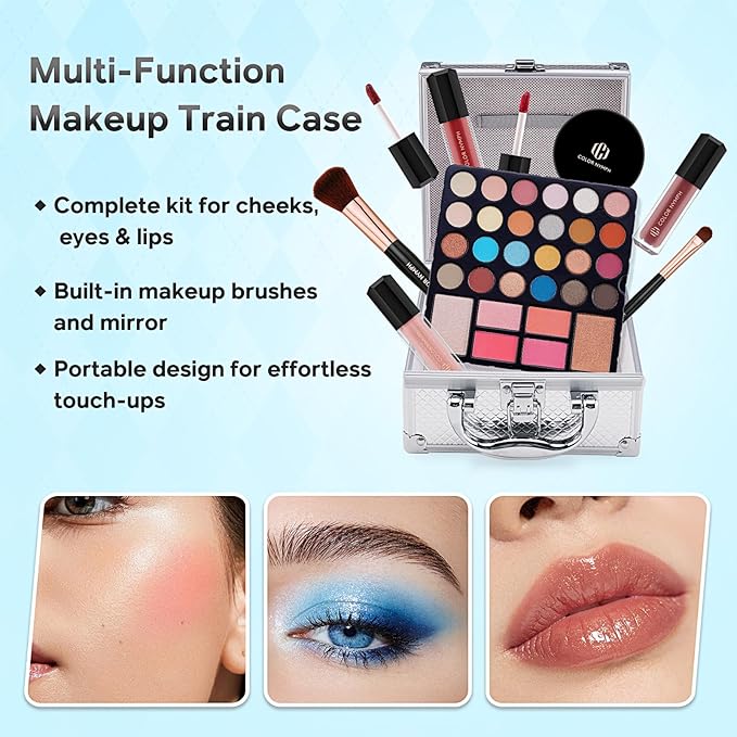 Color Nymph Beginner Makeup Kit For Teens With The Small Cosmetic Train Case Included 24-Colors Eyeshadow Palette Blushes Bronzer Highlighter Lipstick Brushes Mirror(Silver)