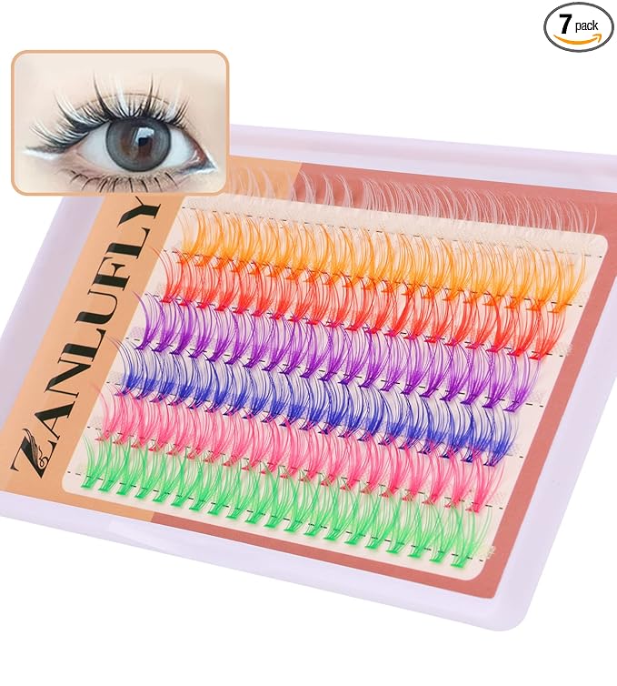 Colored Lashes Cluster Eyelashes Individual DIY Lashes Extensions 7 Colors Eye Lashes Extensions 140 PCS Clusters False Lashes DIY at Home Set Pack（14MM）