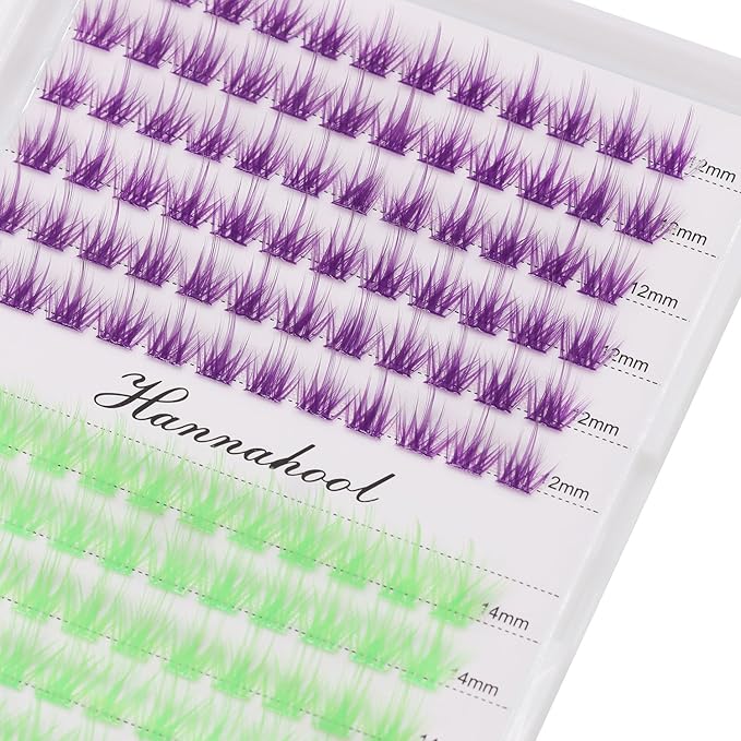 12rows-Large Tray Mixed 8-10-12-14-16mm/Mixed 14-15-16mm/Mixed14mm-16mm/Mixed 18-20mm Wide Stem Individual False Eyelashes Dramatic Black Cluster Eyelashes (LC07-Purple-green-12-14mm)