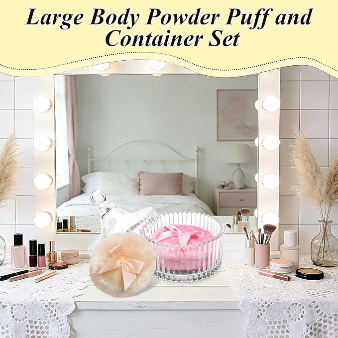 5 Pcs Large Body Powder Puff and Container Set, Anglecai 4 Inch Crystal Powder Puff Container for Body Powder Puff Dish with 2P Powder Puffs and 2P Spoon (Mongolian Yurt)