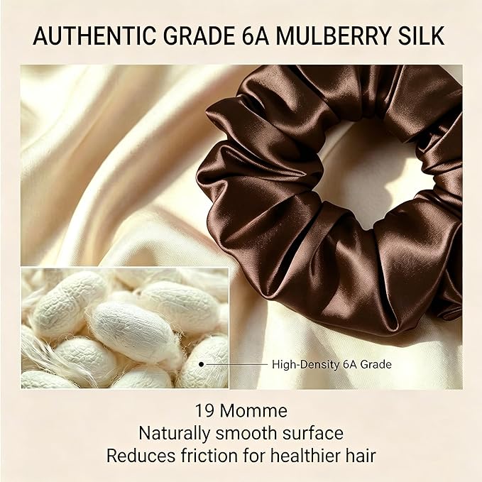 ZLYC 100% Mulberry Silk Scrunchie 19 Momme Gentle Creaseless Hair Tie for Women Dent-Free Ponytail Holder, 3.5cm Solid Coffee