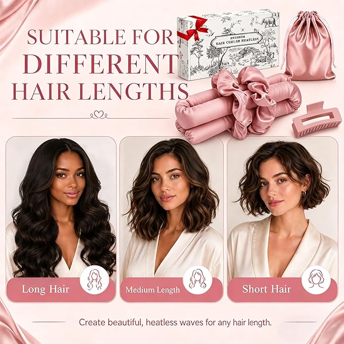 EnteromMuse Heatless Curls Overnight Satin Curling Set No Heat Hair Curler for Long & Short Hair, Heatless Curling Rod&Rollers for Soft Bouncy Curls Complete Kit with Storage Bag(Pink, Original)