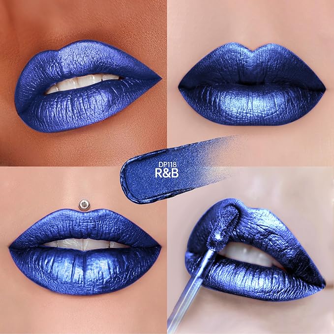 Depuplum Blue Lipsticks for Women Metallic Lipstick Long Lasting Shimmer Lip Gloss Metal Shine Glitter Waterproof Lipsticks Full Coverage Lip Color for Mother's Day,DP118 R&B