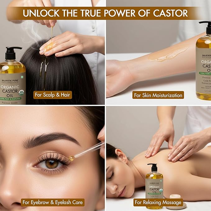 Majestic Pure Oil - 100% Pure and Natural- Cold Pressed & Hexane Free Natural Hair Growth Oil for Eyelashes, Eyebrows, Skin, Body, Face, Nails & Scalp - Organic Castor Oil 16 Fl Oz