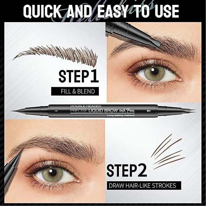 NinjaTiger Eyebrow Pencil Brow Pen - 2-Pack 2-IN-1 Dual-Ended Eye Brow Pencils 2-Fork-Tip Microblading Eyebrow Pen for Women Waterproof Eyebrow Pen with Brow Brushes Dark Brown ＆ Black Brown