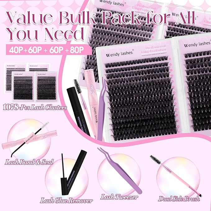 Natural Lash Clusters Kit Packs: Wendy, 1078Pcs, 40D, 60D, 60D, 80D, D Curl, 10-18mm Mixed, Soft, Cat Eye, DIY Eyelash, Individual, Fake Lashes, Bulk Pack