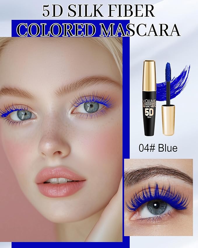 Blue Waterproof Mascara for Eyelash, 5D Silk Fiber Lashes Extension Colored Tube Mascara with Eyelash Brush, Long Lasting Smudge-proof Volumizing Lengthening, Cosplay Party Eye Makeup Gift for Women