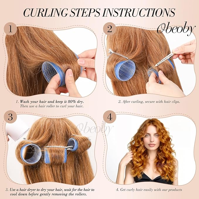 Obeoby 4 Sizes Hair Rollers for Women, 50 Pcs Set Hair Curlers with Clips Comb Curlers for Long Short Curly Hair and Bangs (25, 36, 48, 60mm), Blue