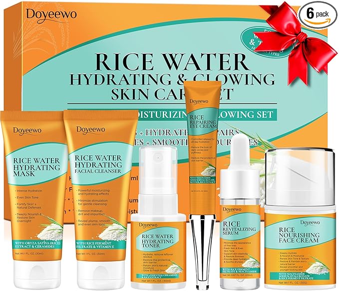 Skin Care Set,6Pcs Women Teen Glass Skincare w/Korean Rice Extract,Hydrate Glow Repair Anti-Aging Facial Routine Kit Self Care Gifts for Women Mom Wife Teenage Girl Her Valentines Day Christmas Gifts