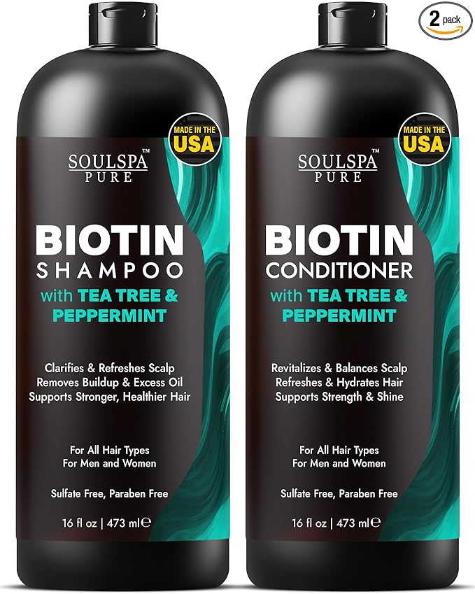 SOULSPA PURE Biotin Peppermint & Tea Tree Shampoo and Conditioner Set - Sulfate Free Scalp Care for Thinning & Color-Treated Hair - Clarifying Formula for Men & Women - Made in USA - 16 fl oz Each