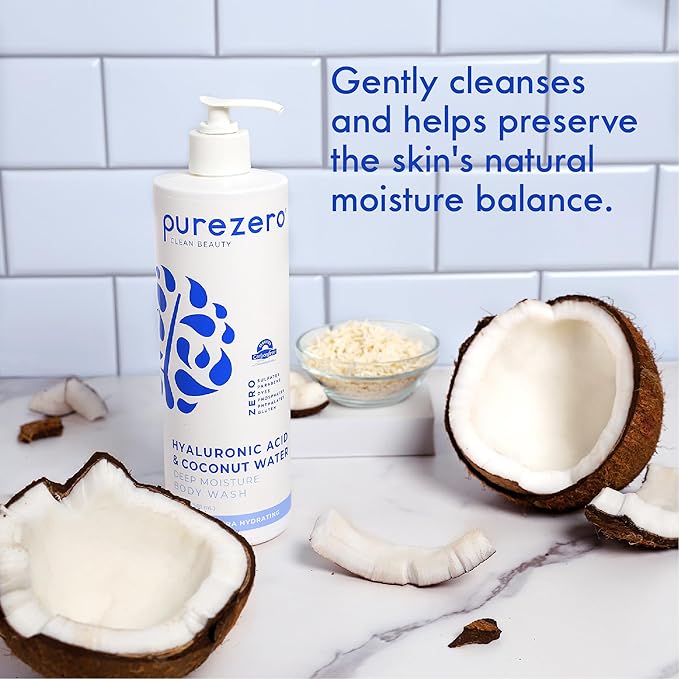 Purezero Hyaluronic Body Wash Deep Moisturizer - Soft Skin Hydration - Moisturizing Skin Cleanser + Coconut Water - No Sulfates, Parabens, Dyes (2 Pack)