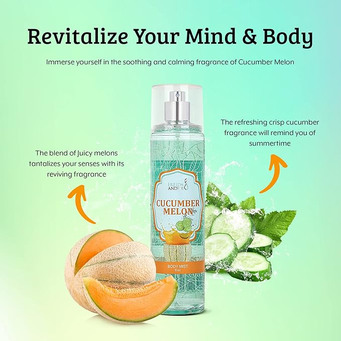 Freida and Joe Cucumber Melon Fine Fragrance Body, Womens Perfume Fragrance Body Mist & Sprays, Women's Refreshing Scented Gifts & Presents 8 oz Fine Mist Spray Bottle – Mother's Day Gift for Mom