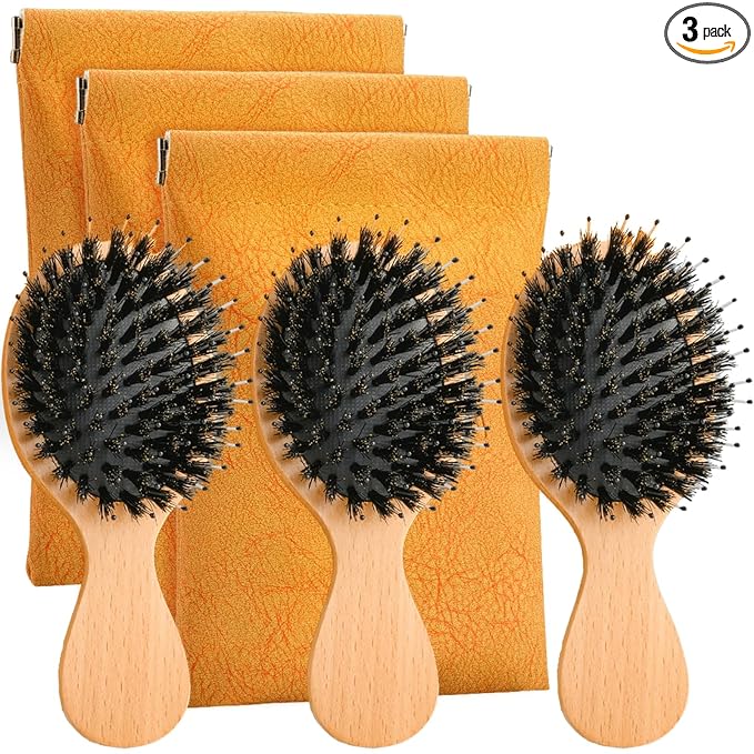 Travel Hair Brush, 3-Pack Mini Boar Bristle Hair Brush for Women - Small Portable Compact HairBrush for Girls Kids Women Best Gift, Travel Size for Purse, Vacation, Business Trips & Outings