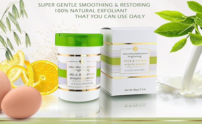 Rice and Papaya Enzyme Powder with Egg Whites - All Natural Face Exfoliator - Pore Purifying - Fights Wrinkles, Sagging Skin, Dry Skin, Improves Face Tone and Texture – 2.1 oz