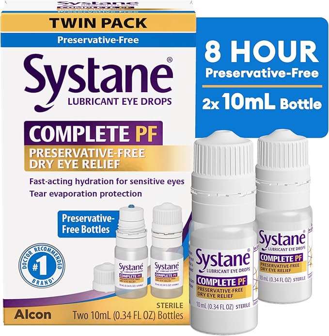 Systane Complete Preservative Free Dry Eye Drops, 0.34 Fl Oz, 2 Count, Contains Propylene Glycol 0.6%, Multi-Dose Lubricating Eye Drops For Irritation & Dryness, Hydrating & Soothing