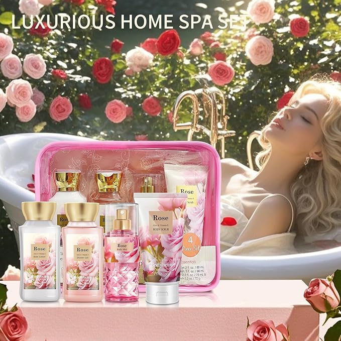 Rose Spa Gift Set For Women - 4PCS Luxury Bath and Body Kit with Shower Gel, Body Scrub, Lotion & Body Mist - Portable Travel Size Self Care Gift for Mom, Wife, Teens, Friends or Her