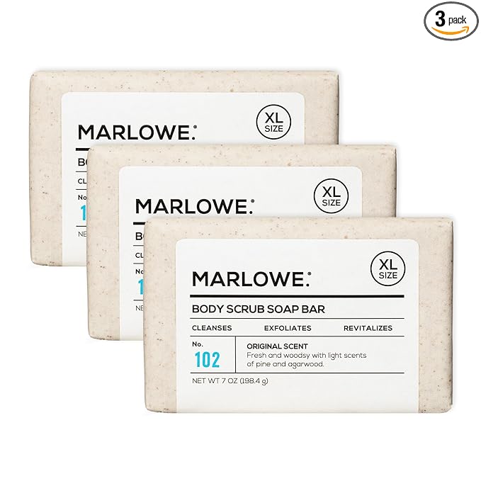 MARLOWE. No. 102 Body Scrub Soap 7 oz (3 Bars), Exfoliating Soap Bar with Shea Butter, Olive Oil & Green Tea Extracts, Cleanses, Smooths & Revitalizes Skin, Original Sage & Fir Scent