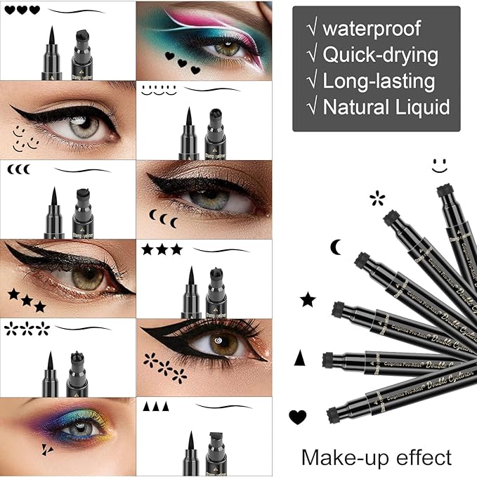 6 Pcs Double-headed Eyeliner Stamps Set Black Liquid Eye Liner Pen With Star,Moon,Heart,Flower,Smiley,Triangle Stamp Stencils Shapes for Women Makeup Kit Long-Lasting Waterproof Smudgeproof