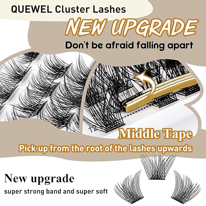 QUEWEL Cluster Lashes 72 Pcs Wide Stem Individual Lashes C/D Curl 8-18mm Length DIY Eyelash Extension False Eyelashes Natural&Mega Styles Soft for Personal Makeup Use at Home (Mega-C-18)
