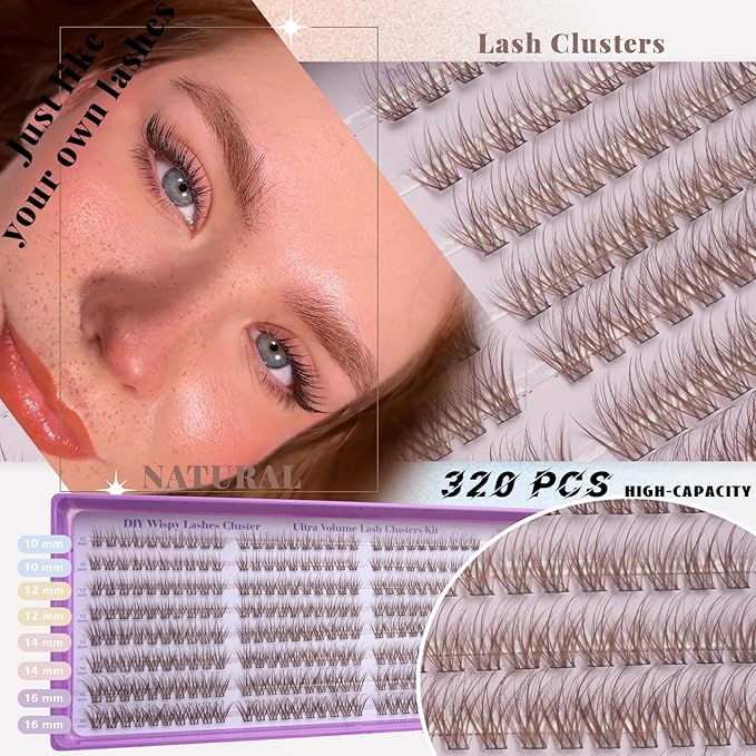 Wispy Lash Clusters Kit, Natural Lash Cluster Eyelash Extensions 320 Pcs C Curl 10-16mm Individual Fluffy False Eyelashes Thin Band DIY Kit for Beginners at Home