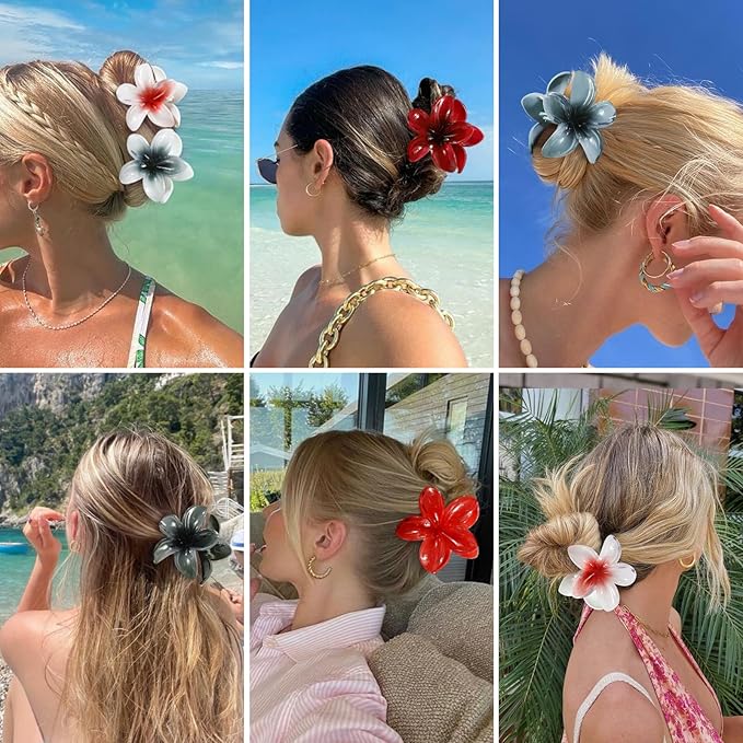 CHANDAT Flower Hair Clips 6 PCS Hawaiian Claw Clips for Vacation Hibiscus Hair Claw Clips Cute Large Hair Clips for Thick and Thin Hair Plumeria Hair Accessories for Women Girls -Dark Color