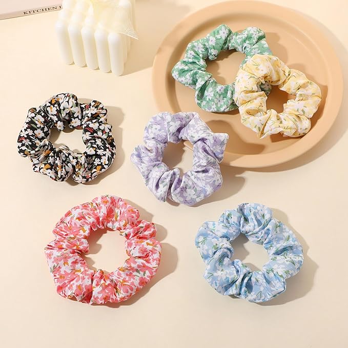 6 Pieces Floral Scrunchies for Women, Cute Scrunchies Hair Ties Ponytail Holder Fresh Sweet Flowers Printing Hair Accessories Gift for Women Girls