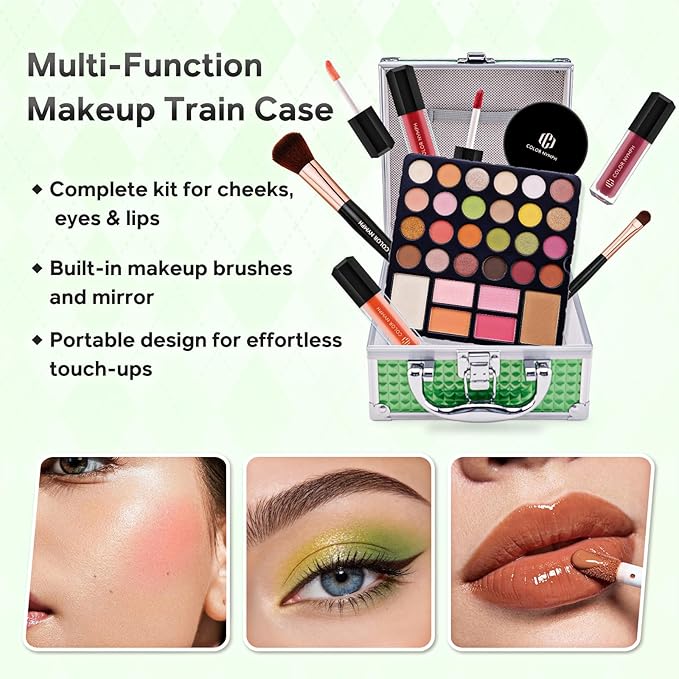Color Nymph Beginner Makeup Kit For Teens With The Small Cosmetic Train Case Included 24-Colors Eyeshadow Palette Blushes Bronzer Highlighter Lipstick Brushes Mirror(Green)