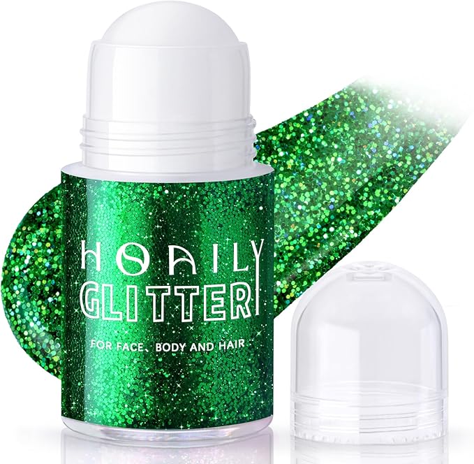 HOSAILY Roll-on Green Body Glitter Gel for Face Hair, St Patricks Day Accessories, Chunky Mermaid Sequins Halloween Festival Party Rave Outfits Christmas Face Paint Glitter Makeup for Women Kids
