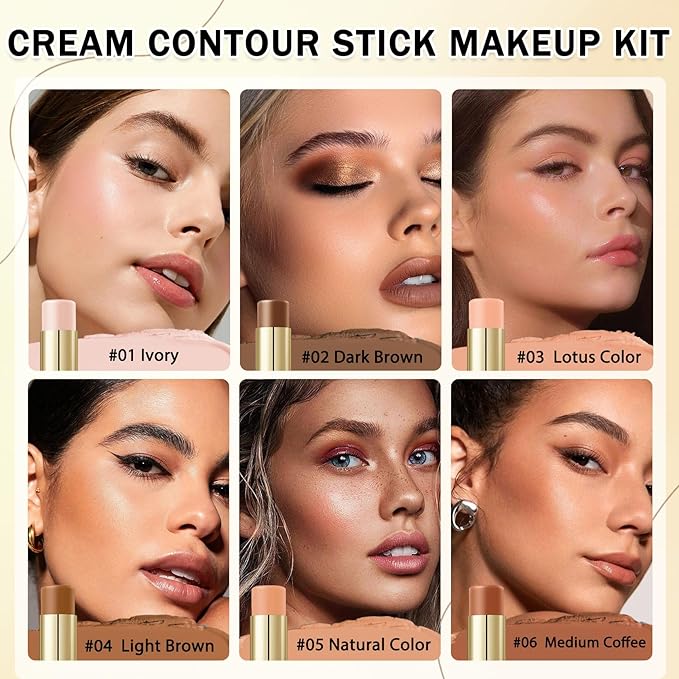 IONSGAKO 6 Colors Cream Contour Stick Makeup Kit, Double-ended Cream Highlighter Stick Bronzer and Blush Stick for Sculpt the Cheeks, Matte & Dewy Finish, Face Contour Kit for Beginners, Set C
