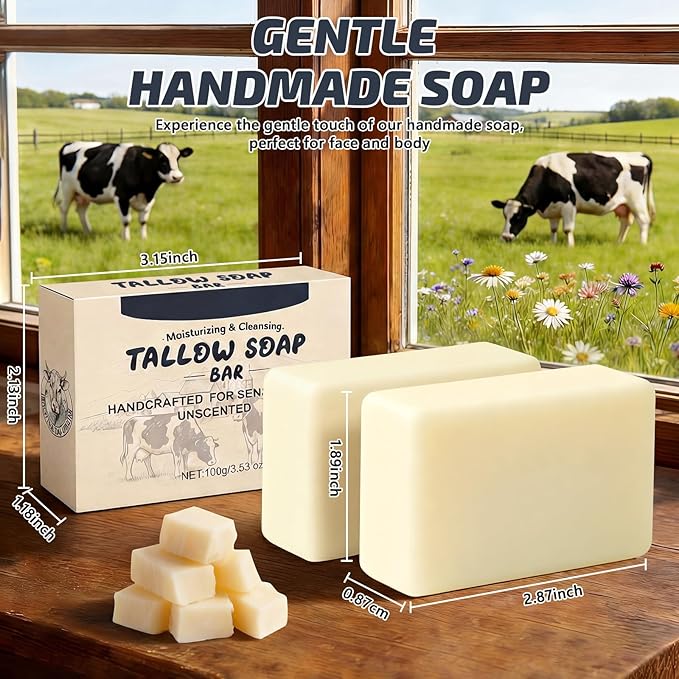 Beef Tallow Soap for Skin, All Natural Grass Fed Tallow Soap Bar, Moisturizes, Soothes, Hydrates Face & Body Wash for All Skin Types, Organic Handmade Bath Soap for Women Men - 2 Pack