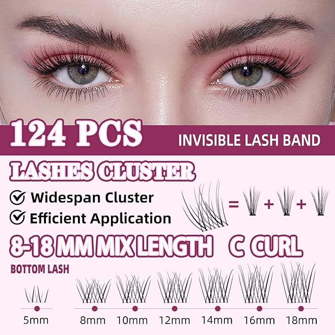 Natural Lash Clusters Kit 8-18mm with 5mm Bottom Lashes Natural Eye Lashes Wispy Lash Clusters False Eyelash Clusters DIY Lash Extension Kit with Bond & Seal Glue Remover Tweezers(U18 Lash Kits)