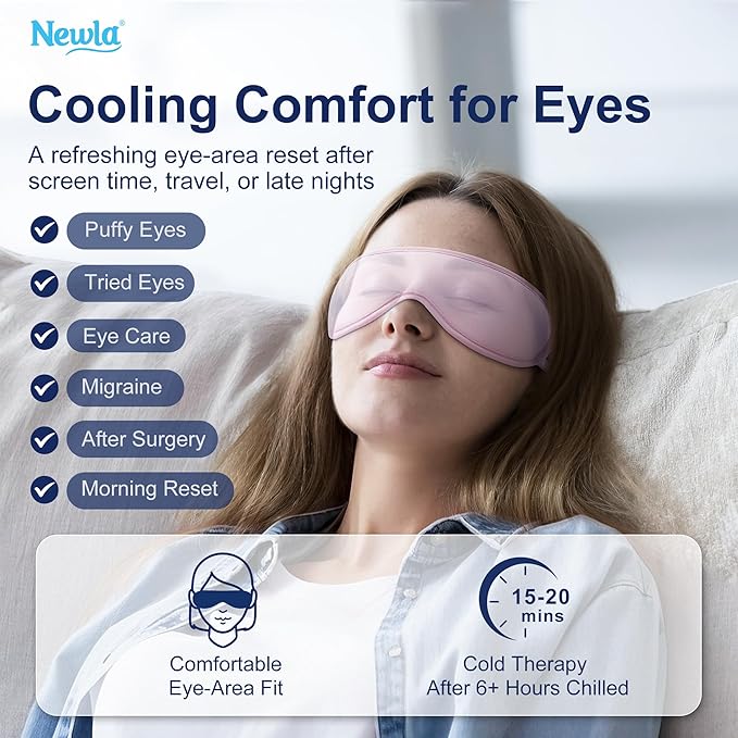 Contoured Cooling Gel Eye Mask: Snug Fit Cold Compress for Puffiness Migraines Dark Circles Sinus Eye Strain - Fits All Head Sizes - Daily Relaxation Beauty Care Travel (Pink)