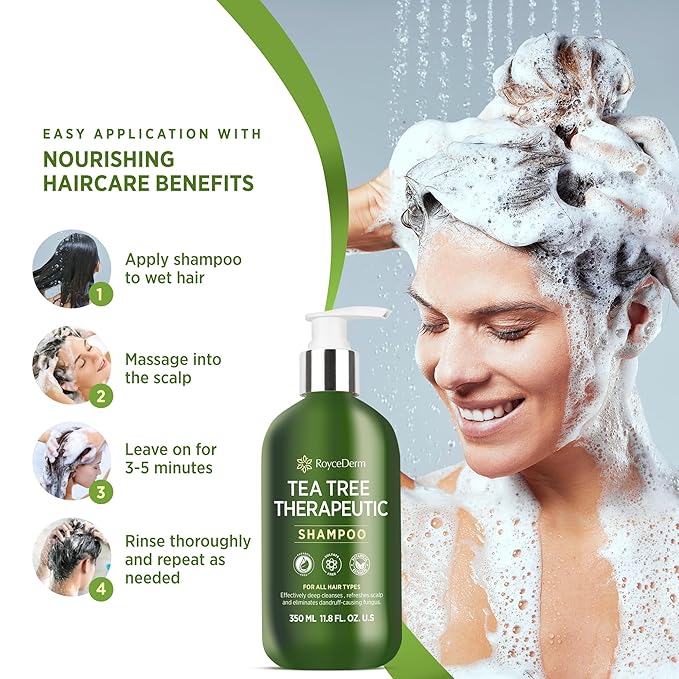 Roycederm Tea Tree Shampoo with Scalp Massager Brush - Clarifying Scalp Care Set for Dry, Itchy & Flaky Scalp, Dandruff Support, Deep Cleanse & Refreshing Scalp Routine