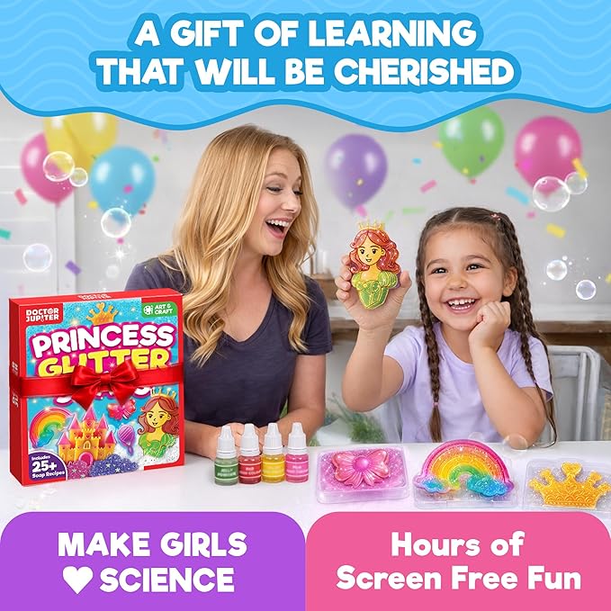 Doctor Jupiter Princess Glitter Soap Making Kit for Kids, DIY Crafts for Girls Ages 4-5-6-7-8 | Princess Toys, Birthday Gift Ideas for 4+ Year olds | 25+ Soap Recipes
