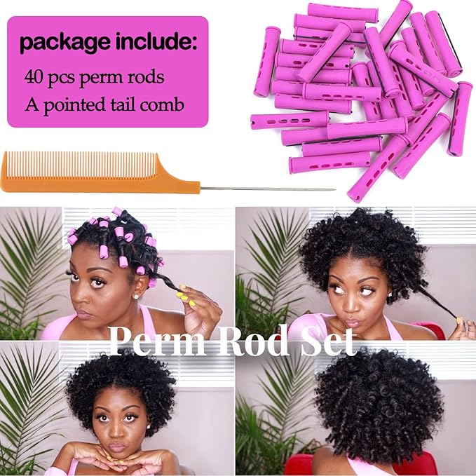 Perm Rods Set for Natural Hair 40pcs Plastic Cold Wave Rods for Long Short Hair Rollers Large Hair Curling Rods for Women Purple
