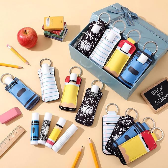 Loopeer 48 Pcs/24set Teacher Appreciation Lip Balm Gifts Bulk Pencil Themed Lip Balm and Lipstick Holder Keychians Teacher Team Thank You Gift for End of Year Graduation Back to School Party Favors
