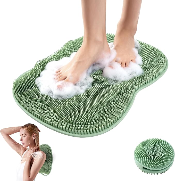 Bath Shower Foot Scrubber Mat - Silicone Shower Foot Scrubber Mat (XL) Cleaner Foot Toes Clean Pad Without Bending Non-Slip Suction Cups Bathroom mat 17.2 * 13 inch - Green