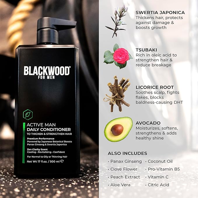 BLACKWOOD FOR MEN Active Man Daily Hair Conditioner for Men, Thickening Conditioner, Deep Nourishing Treatment for Shine, Hair Loss & Dandruff - Natural Vegan Formula Sulfate-Free, Paraben-Free,17 oz