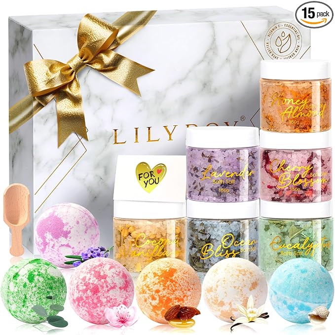 Gifts for Women & Men - 15 Pcs Luxurious Spa Gift Set Bath and Body Gift Set for Mom Dad | Perfect Valentines Day, Christmas, Mothers Day, Birthday Gifts with 6 x 150g Bath Salt 6 x 100g Bath Bomb