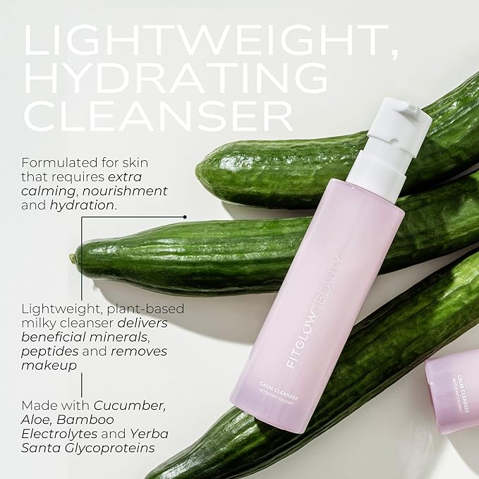 Fitglow Beauty Calm Cleanser | Gentle Milky Face Cleanser for Sensitive Skin | Hydrating & Balancing Facial Wash with Ceramides & Cucumber | Makeup Remover | Plant-Based, Fragrance-Free | 120ml