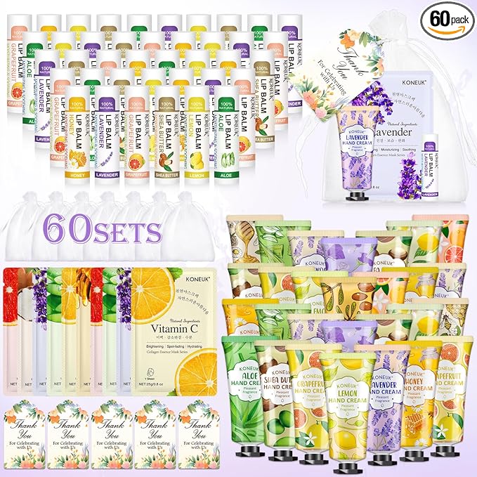 KONEUK 60 Pack Bulk Lip Balm, Facial Mask and Hand Cream Sets, Mothers Day Gifts and Bridesmaid Gifts for Guests, Birthday Gifts, Teacher Appreciation Gifts, Nurse Gifts and Bulk Small Gifts