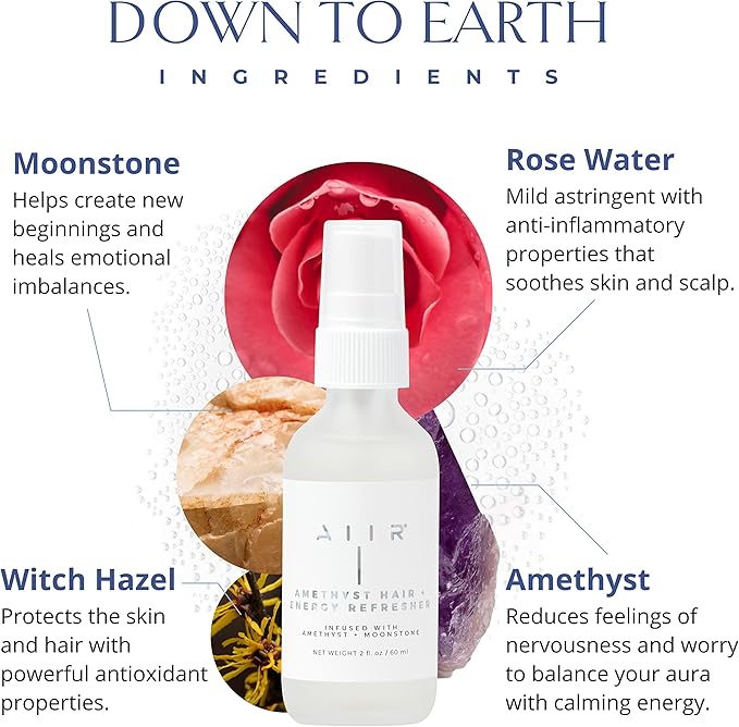 AIIR Amethyst Hair + Energy Refresher - 2 Fl Oz Crystal Infused Room and Hair Mist with Rose Water for Positive Energy Cleansing