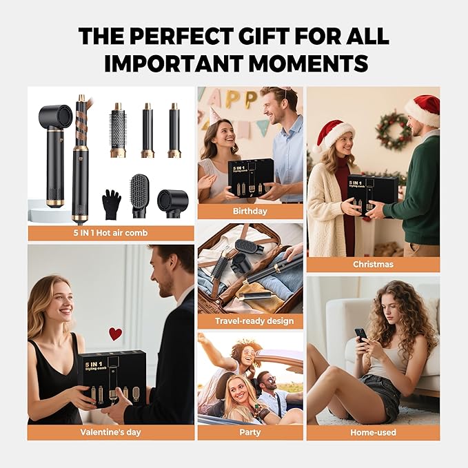 Blow Dryer Brush Set 5 in 1, Hot Air Styler Negative Ion Air Curling Wrap Air Curler Low Heat Hair Care, Round Brush Blow Dryer Hair Styling Tools Gift for Dry,Volumize,Straight,Curl, 110-120V