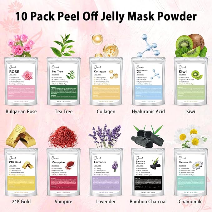 Pjordo Jelly Masks Set for Facials Professional Spa,10 Pack Jelly Mask Powder with Mixing Bowl Set, Peel Off Hydrojelly Mask for Hydrating, Nourishing & Soothing, Gifts for Women