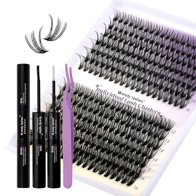 WENDY LASHES Clusters Kit for Eyelash Extensions: DIY, Natural, Fluffy, Wispy, Waterproof, Anime, Manga, Cat Eye, RT0207, 30P+40P, 0.07, D Curl, 1216mm