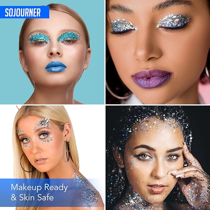 Body Glitter Set for Face & Hair – 12 Neon Colors Chunky Holographic Festival Glitter Makeup with Glue – Rave, Concert, Euphoria Looks, Cosmetic Grade Glitter