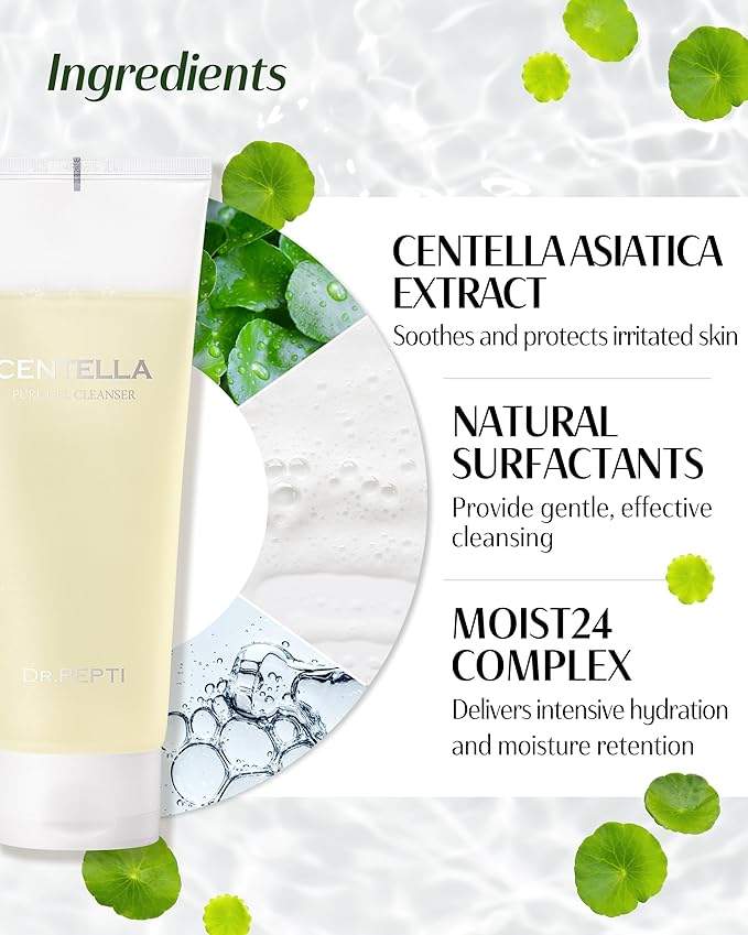 dr.pepti Centella BHA Gel Cleanser – Low pH 5.5, Irritation Score 0.00 – Gel-to-Foam Face Wash for Pores & Sensitive Skin, Non-Stripping, Salicylic Acid & Peptides, 6.76 fl oz