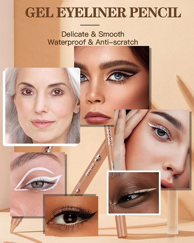 Nude Beige & Black Water Line Gel Eyeliner Pencil-2Pcs Waterproof Smudge-Proof Cream Eye Liner Waterline Pen, Smooth Easy-to-Sharpen Pencil with Sharpener, Longlasting Eye Makeup Gift for Older Women