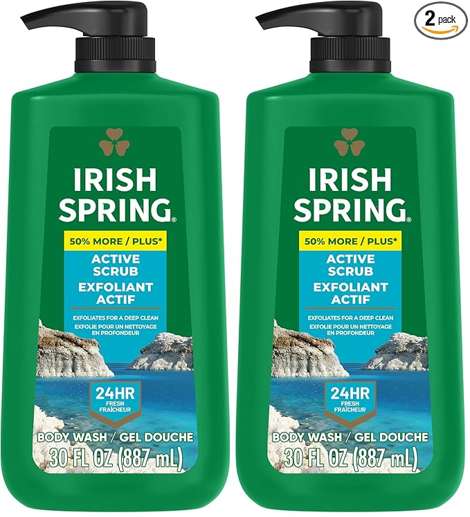 Irish Spring Active Scrub Exfoliating Body Wash for Men, 24-Hour Fresh, Biodegradable Ingredients, Paraben Free, Cool Fresh Scent, 30 fl oz Pump Bottle (Pack of 2)