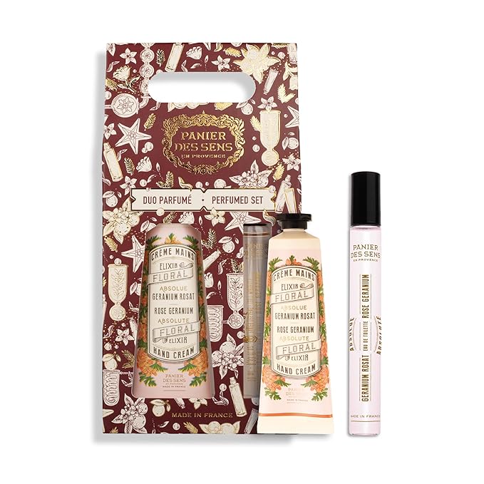 Panier des Sens - Mother’s Day Gift Set - Geranium Rose Hand Cream & Roll-On Eau de Toilette - 95% Natural Ingredients - Vegan - Made in France - Self-Care Gift for Mom - 1.7 Fl Oz + 0.3 Fl Oz